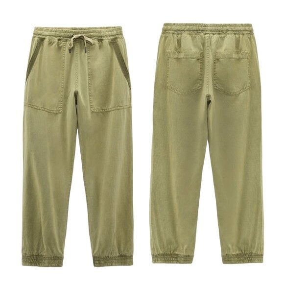 Zara Charlotte Linen Relaxed Jogger Pants Size Medium Olive Green Cuffed Pull On - Picture 1 of 12